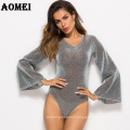 Long Flare Sleeve Autumn Fashion Gold Casual Wear Elegant Femme Gray Purple Women Bodysuit Jumpsuit